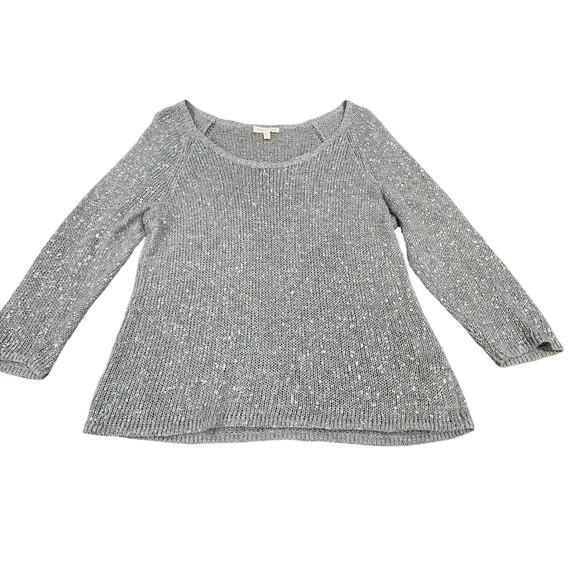EILEEN FISHER Sweater M Linen Blend Open Knit 3/4 Sleeve Pullover Gray Silver - Picture 1 of 6